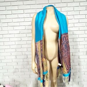 Reversible Paisley & Striped Scarf | Bold Blue + Muted Teal |‎ 2-in-1 Wrap